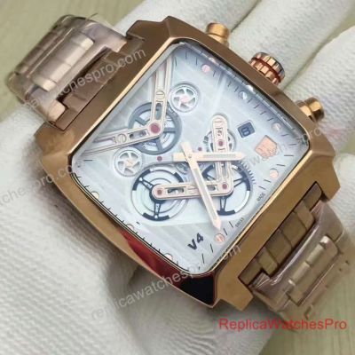 Replica Tag Heuer Monaco V4 Square Watch Rose Gold Steel White Chronograph